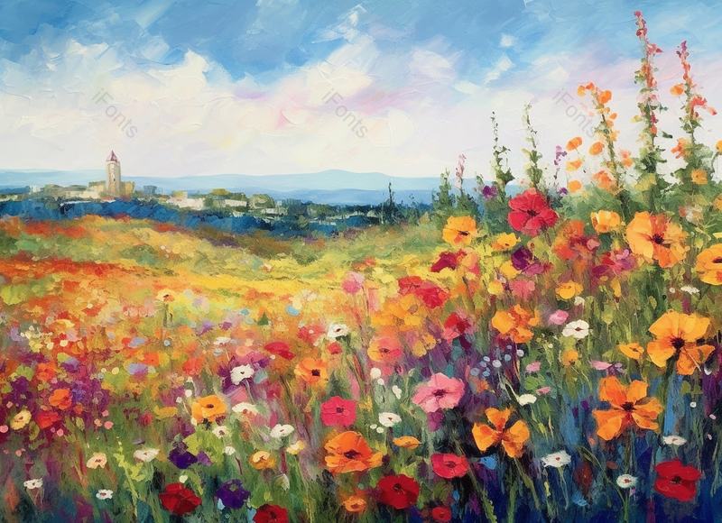 蓝天白云下远处山峰和城市背景草地上五颜六色的野花花簇花海,插画/手绘图,插画/手绘图库,插画/手绘图下载,插画/手绘